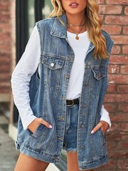 Buttoned Drawstring Pockets Split-Joint Loose Sleeveless Polo Vest Outerwear
