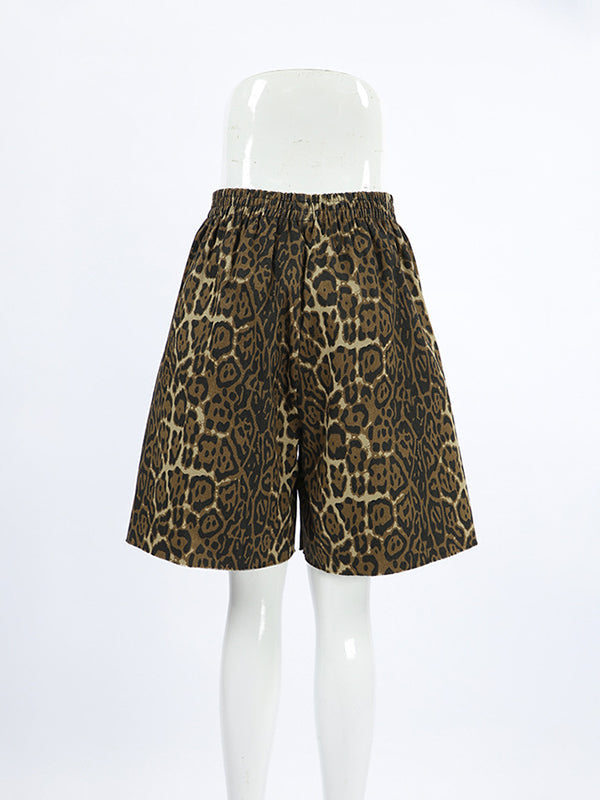 Elasticity Leopard Pockets Split-Joint Zipper High Waisted Loose Shorts Bottoms