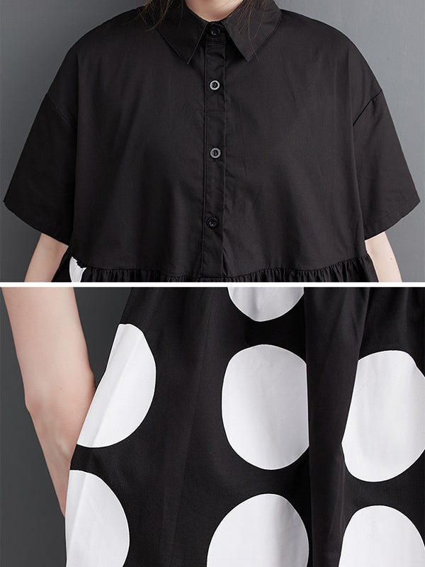 Buttoned Pockets Polka Dot Printed A-line Loose Lapel Midi Dresses