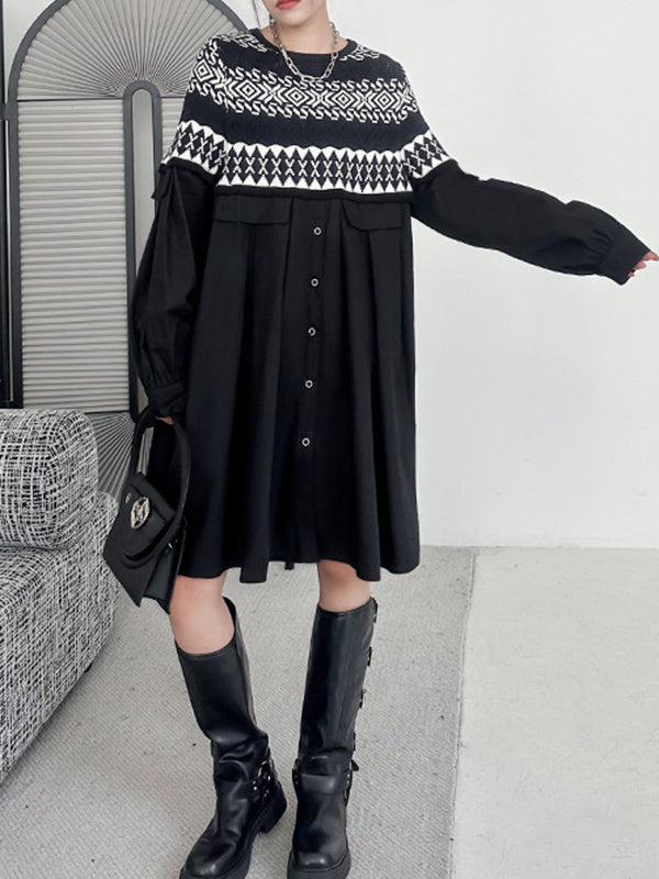 Buttoned Contrast Color Split-Joint A-Line Long Sleeves Round-Neck Mini Dresses