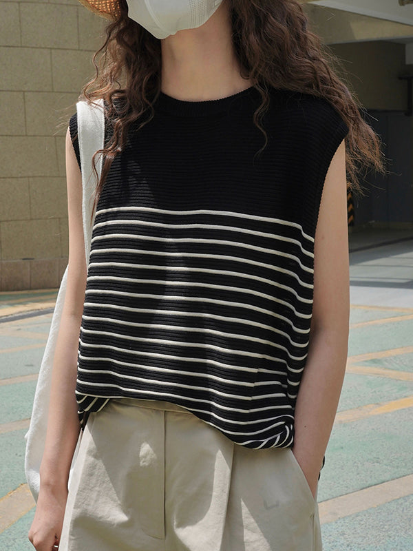 Striped Loose Sleeveless Round-neck Vest Top