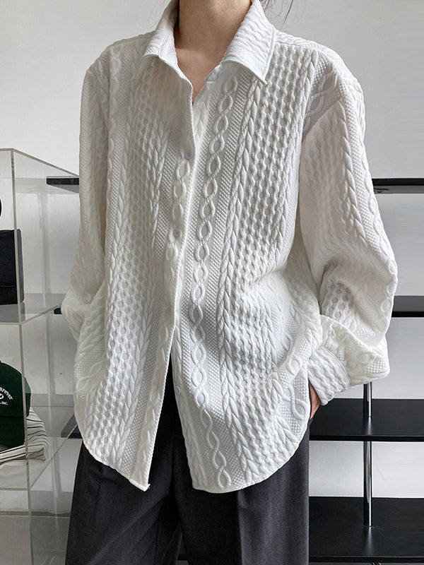 Simple Loose Long Sleeves Buttoned Solid Color Textured Lapel Collar Blouses&Shirts Tops