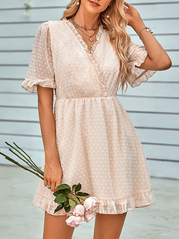 Jacquard Ruffled Solid Color A-Line Loose V-Neck Mini Dresses