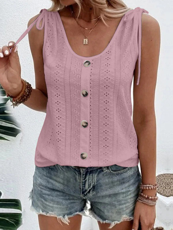Buttoned Hollow Pleated Split-Joint Tied Loose Plus Size U-neck Vest Top