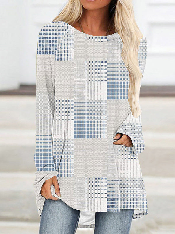 Plaid Printed High-Low Long Sleeves Round-Neck T-Shirts Tops