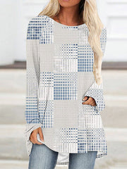 Plaid Printed High-Low Long Sleeves Round-Neck T-Shirts Tops