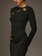 Applique Hollow Solid Color Long Sleeves Skinny Round-neck T-Shirts Tops