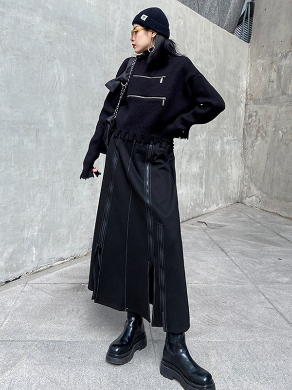 Solid Color Split-Joint Split-Side Zipper A-Line Irregularity Skirts Bottoms
