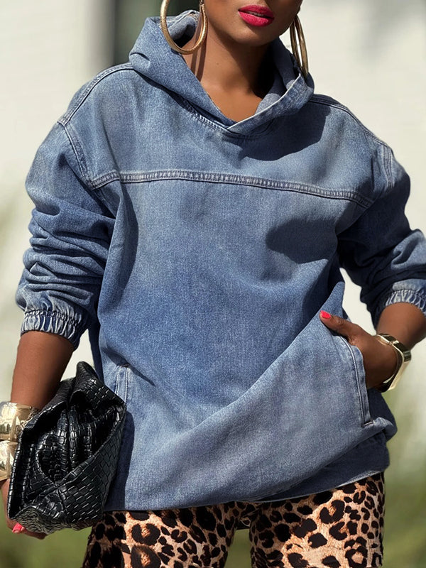 Long Sleeves Loose Pockets Solid Color Split-Joint Hooded Sweatshirt Tops