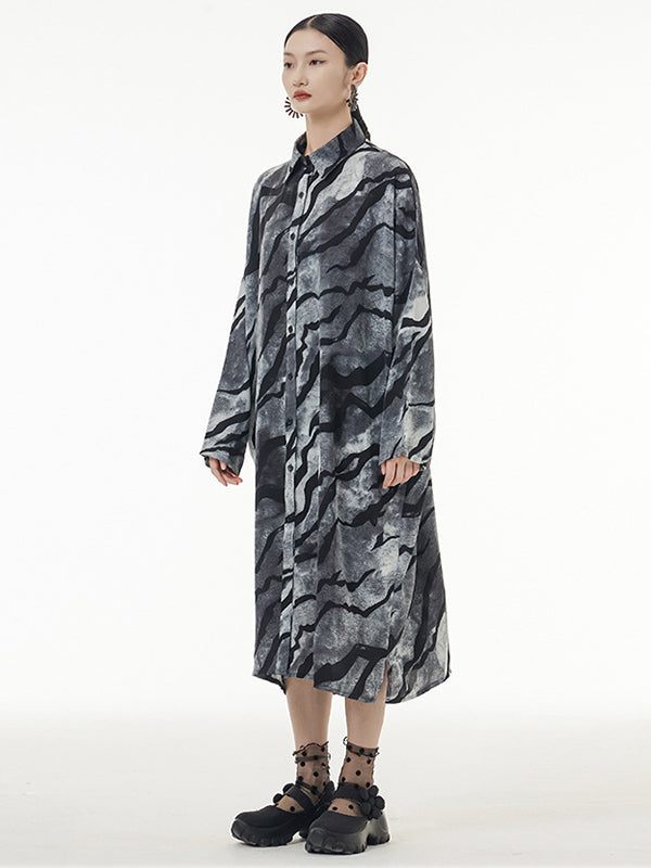 Original Creation Long Sleeves Buttoned Printed Lapel Midi Dresses