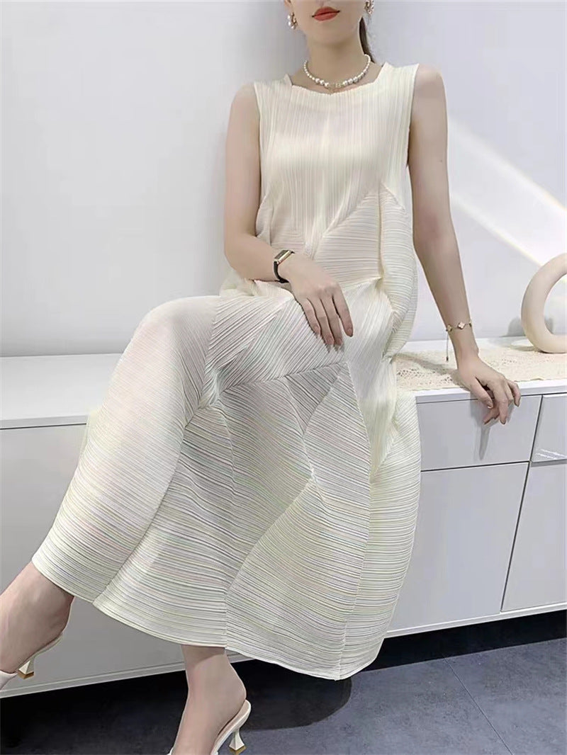 Pleated Solid Color Split-Joint Zipper Loose Sleeveless V-neck Midi Dresses