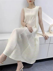 Pleated Solid Color Split-Joint Zipper Loose Sleeveless V-neck Midi Dresses