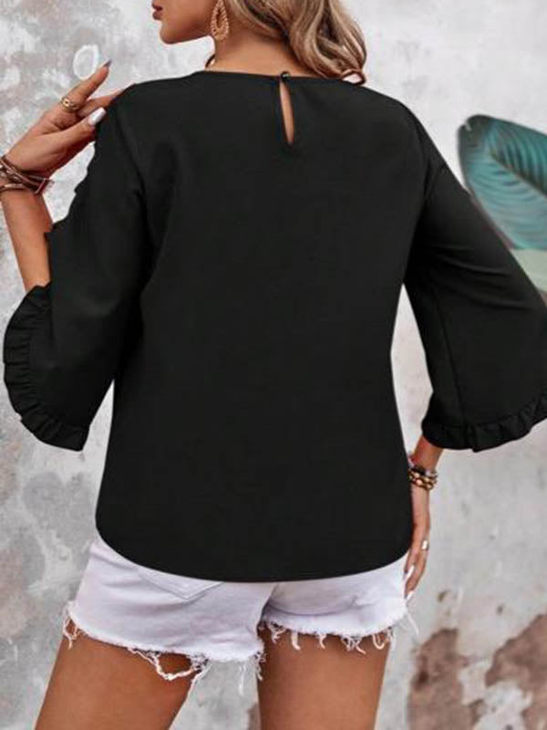 Pleated Ruffled Solid Color Split-Joint Loose Three-quarter Sleeves Round-neck Blouses&shirts Tops