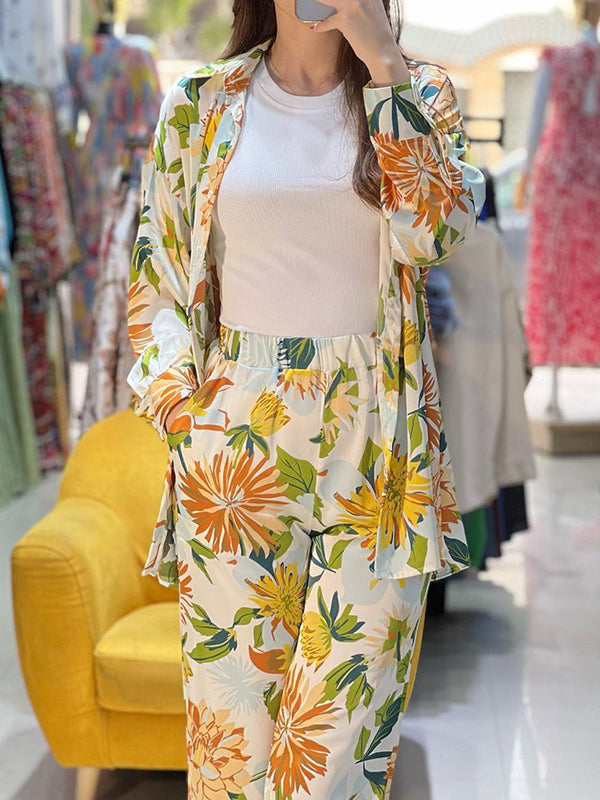 Lapel Long Sleeves Buttoned Flower Print Shirts Top +High Waisted Pants Bottom Two Pieces Set