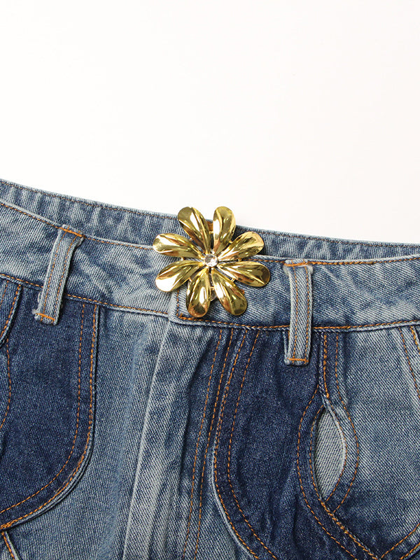 Flower Shape Hollow High Waisted Straight Leg Jean Pants Bottoms