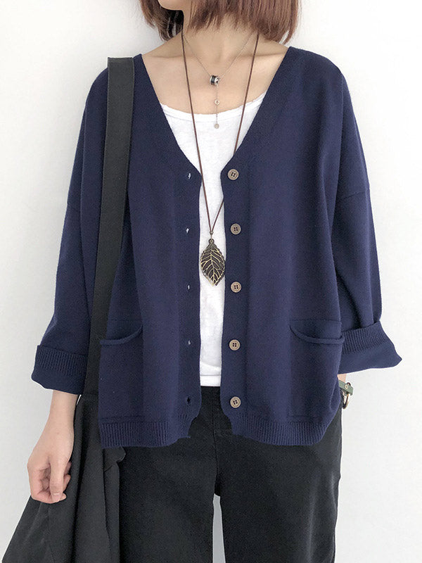 Artistic Retro Solid Color Buttoned V-Neck Long Sleeves Cardigan Top