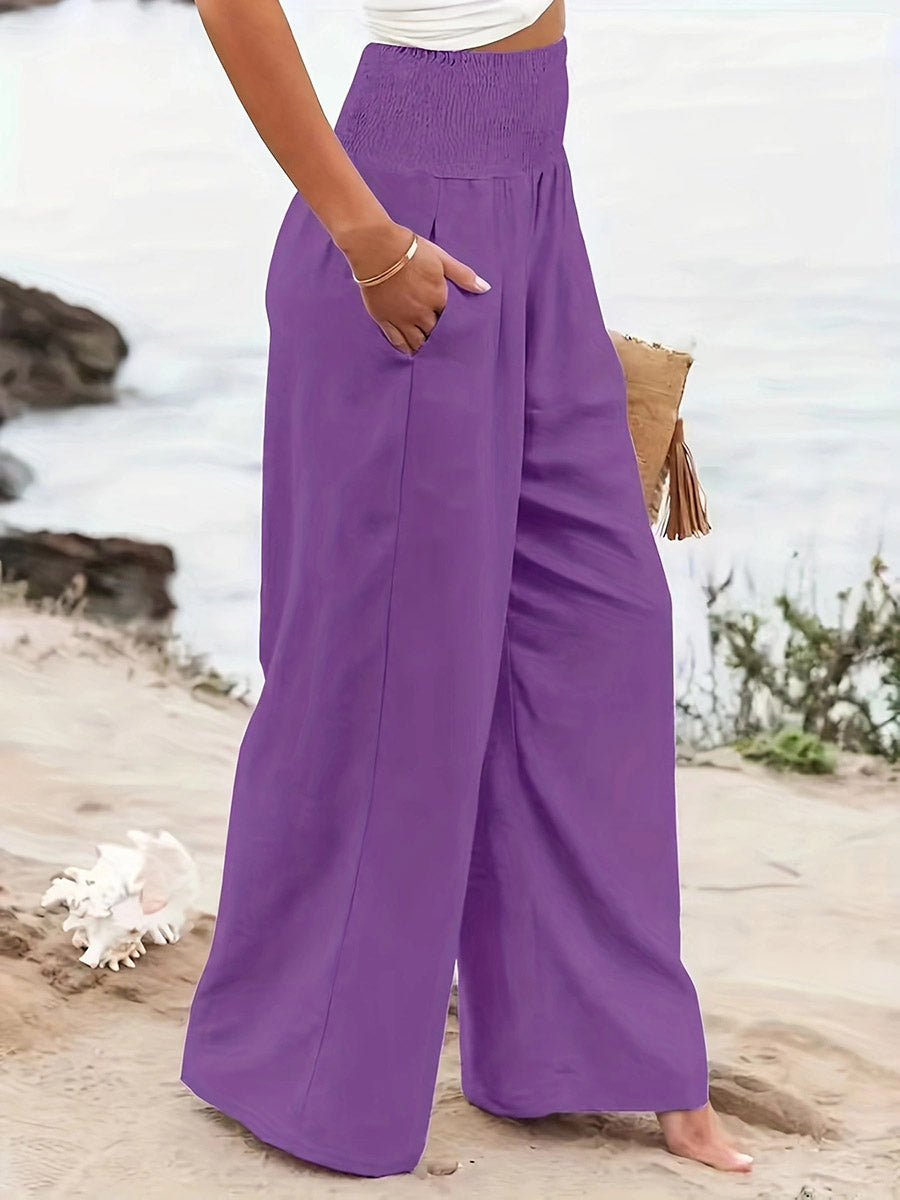 Pleated Pockets Solid Color Split-Joint Elasticated Waist High Waisted Pants