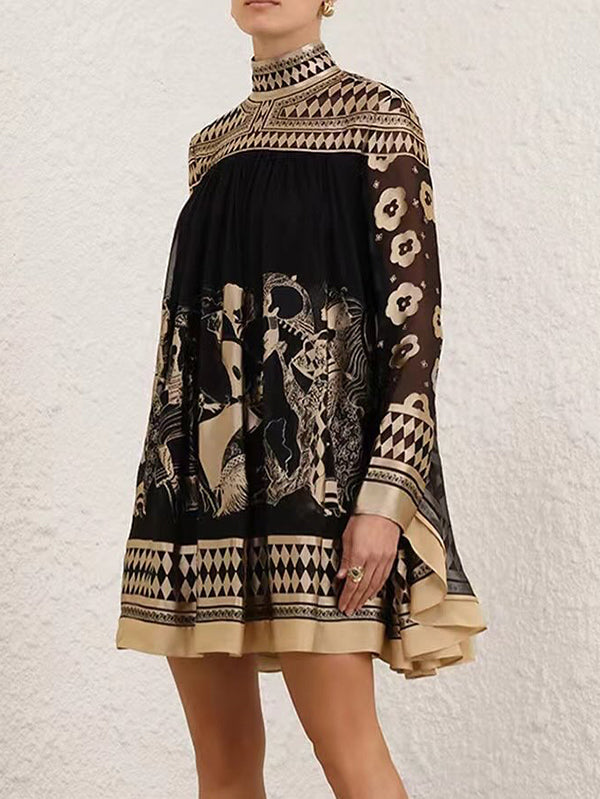 Bronzing Printed Split-Joint A-line Long Sleeves Mock Neck Mini Dresses