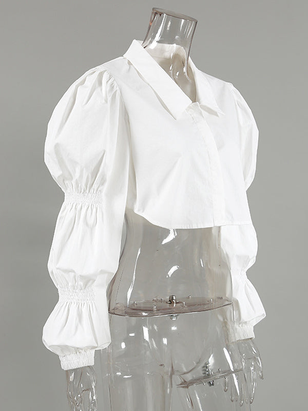 Buttoned Elasticity Solid Color Bishop Sleeve Long Sleeves Lapel Blouses&Shirts Tops