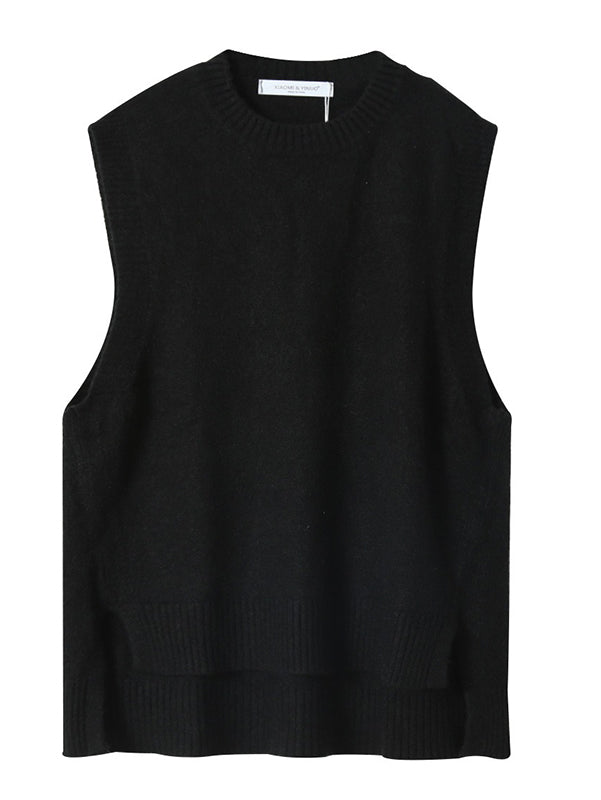 Solid Color Split-Joint Split-side High-low Loose Round-neck Vest Top Knitwear