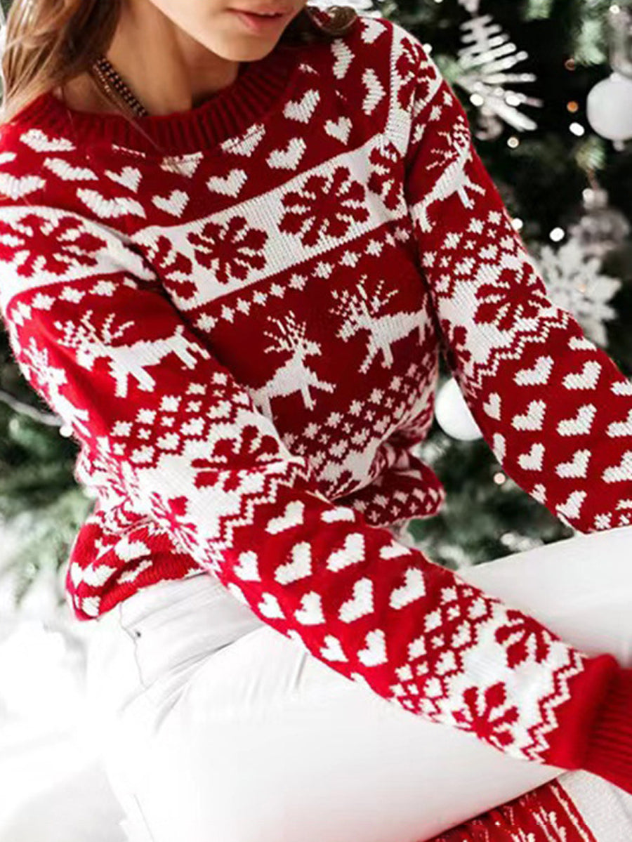 Contrast Color Knitted Flower Long Sleeves Round-Neck Sweater Tops Pullovers