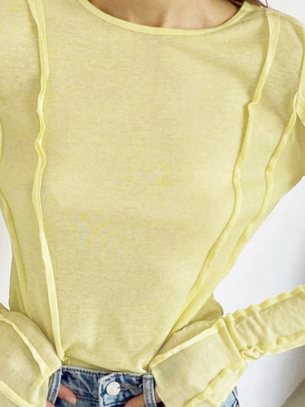 Pleated Solid Color Long Sleeves Skinny Round-Neck T-Shirts