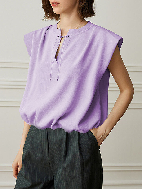 Elasticity Shoulder Pad Solid Color Tied Loose Sleeveless V-Neck Vest Top