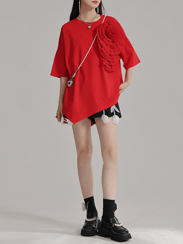 Asymmetric Solid Color Three-Dimensional Flower Loose Short Sleeves Round-Neck T-Shirts Tops