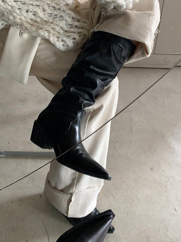 Pleated Pointed-Toe Solid Color Chunky Shoes Boots