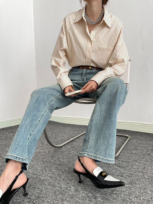 Split-Joint Striped Long Sleeves Loose Lapel Blouses