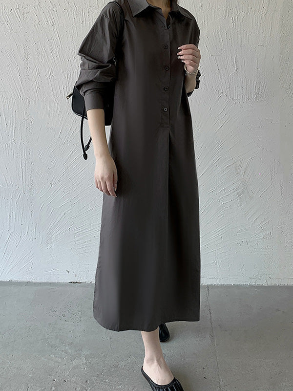 Urban Loose Solid Color Lapel Collar Shirt Midi Dresses
