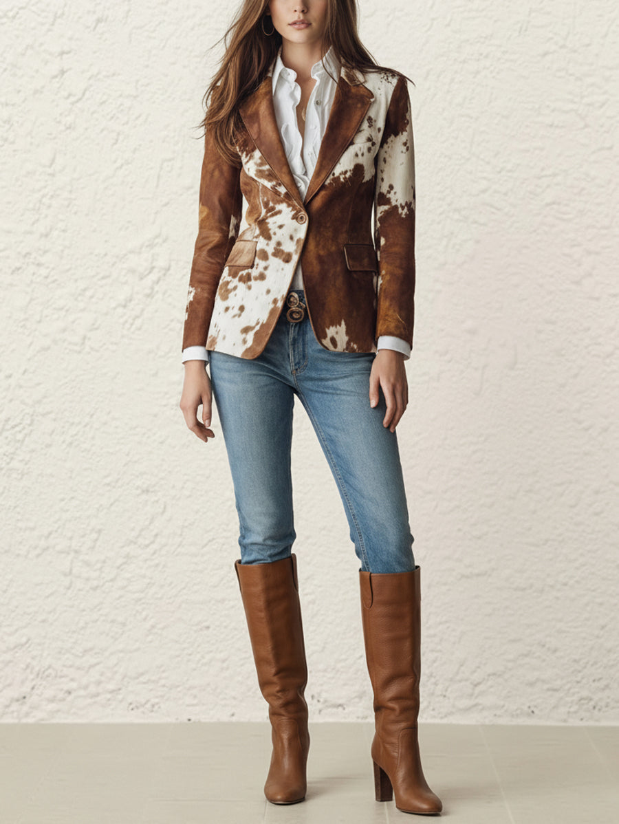 Buttoned Contrast Color Pockets Printed Split-Back Long Sleeves Notched Collar Outerwear Blazer