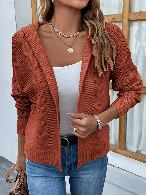 Solid Color Split-Joint Long Sleeves Loose Hooded Cardigan Tops
