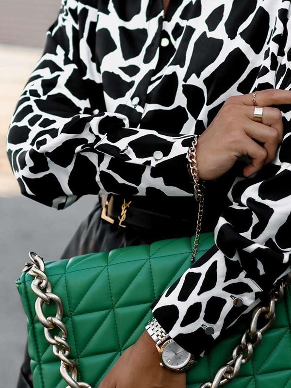 Contrast Color Printed Long Sleeves Loose Lapel Blouses