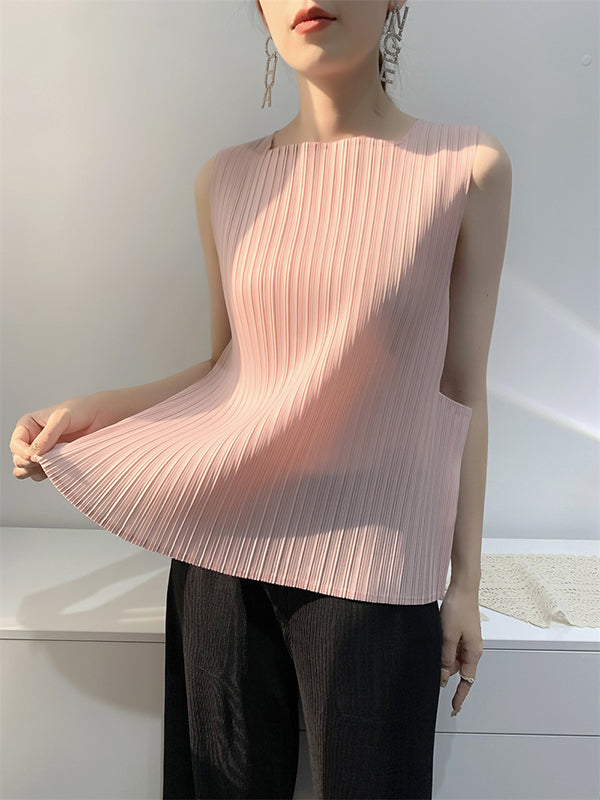Pleated Solid Color Split-Joint Loose Sleeveless Square-Neck Vest Top