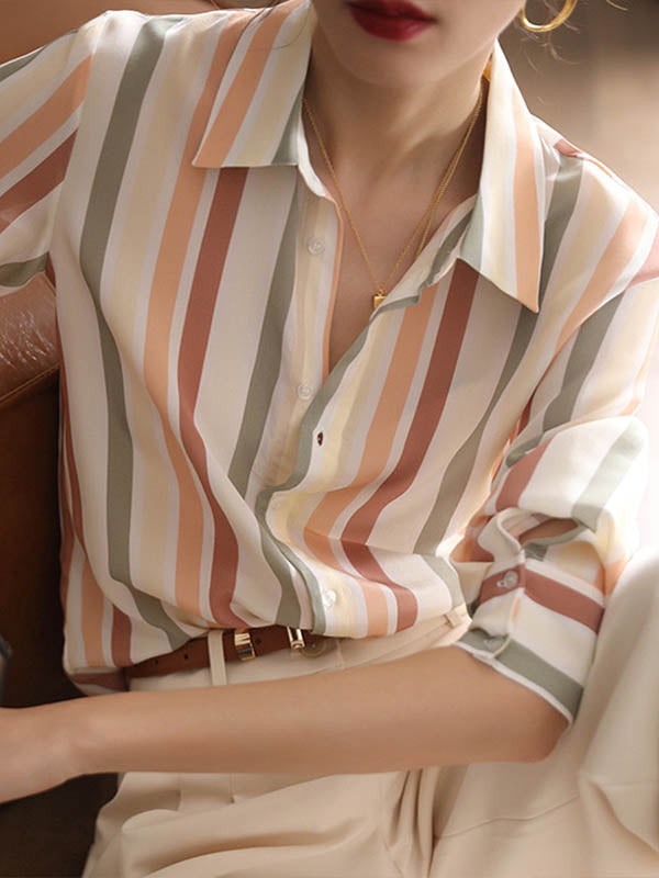 Multi-Colored Striped Long Sleeves Lapel Shirts Tops