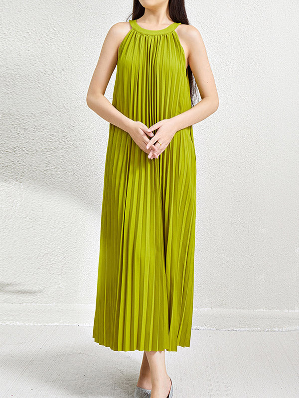 Hollow Pleated Pockets Solid Color Loose Sleeveless Halter-Neck Maxi Dresses