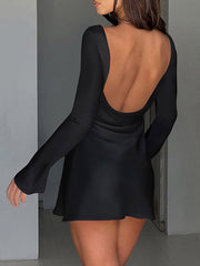 Backless Solid Color Zipper High Waisted Long Sleeves Round-Neck Mini Dresses