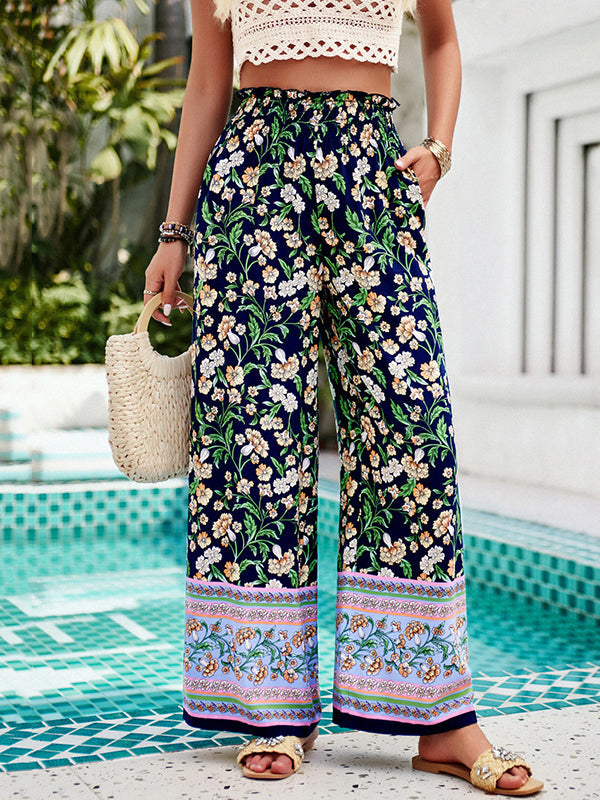 Elasticity Flower Print Pleated Pockets High Waisted Loose Trousers Pants
