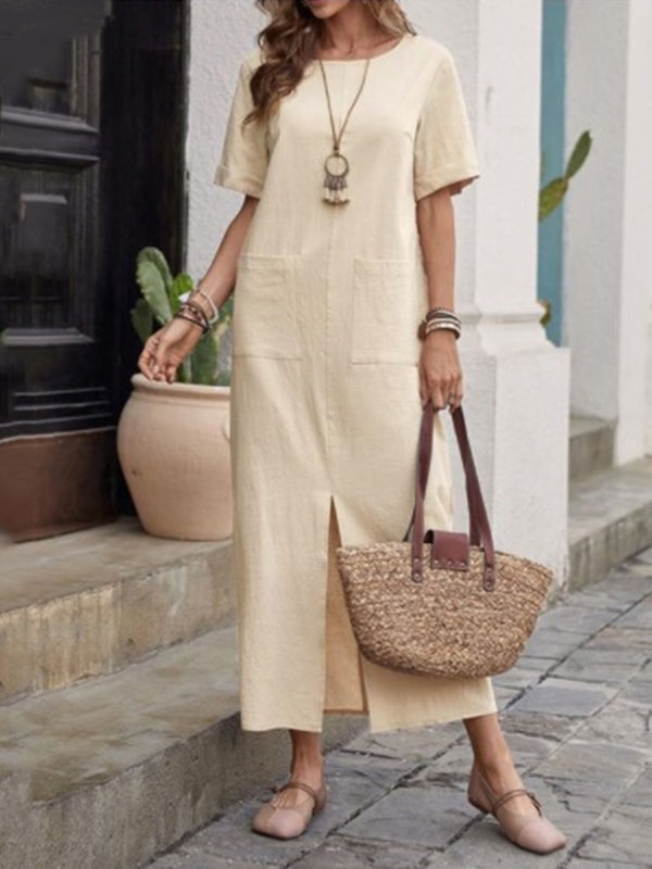 Pockets Solid Color Split-front High Waisted Loose Round-neck Midi Dresses