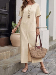 Pockets Solid Color Split-front High Waisted Loose Round-neck Midi Dresses