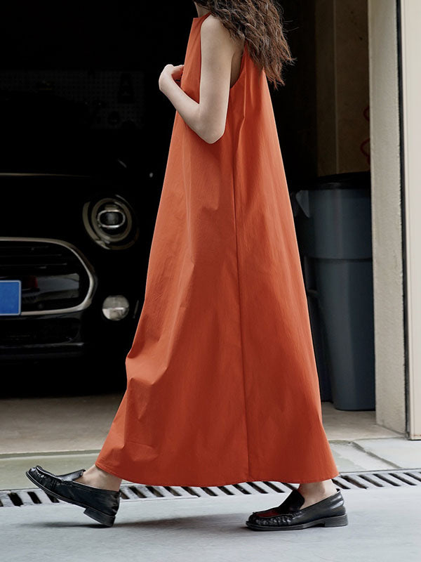Solid Color Loose Sleeveless Round-Neck Midi Dresses
