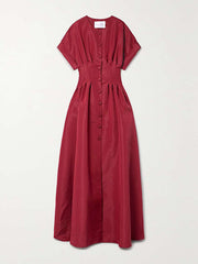 Buttoned Pleated Solid Color Loose Short Sleeves Round-Neck Maxi Dresses