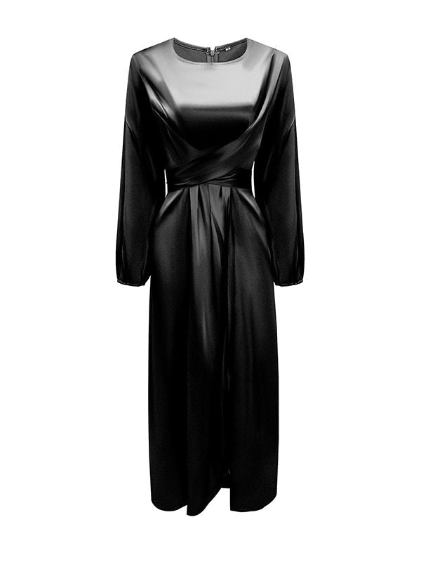 High-Waisted Solid Color Tied Waist Zipper Wrap Round-neck Maxi Dresses