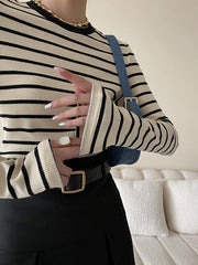 Contrast Color Striped Long Sleeves Skinny Round-Neck T-Shirts Tops