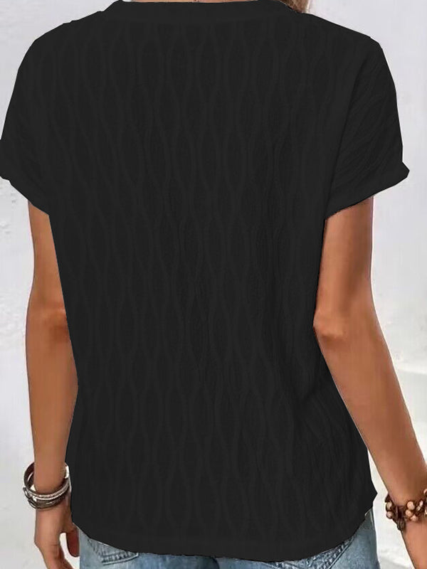 Jacquard Solid Color Split-Front Batwing Sleeves Loose Round-Neck T-Shirts Tops