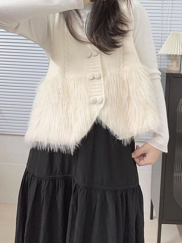 Buttoned Solid Color Split-Joint Loose Sleeveless V-Neck Vest Outerwear