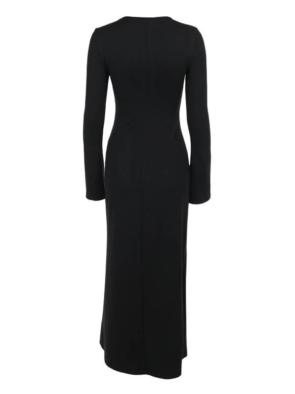 Asymmetric Solid Color Split-Joint Split-Side Long Sleeves Loose Round-Neck Maxi Dresses