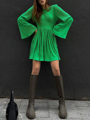 High-Waisted Pleated Solid Color Zipper A-line Flared Sleeves Round-neck Mini Dresses