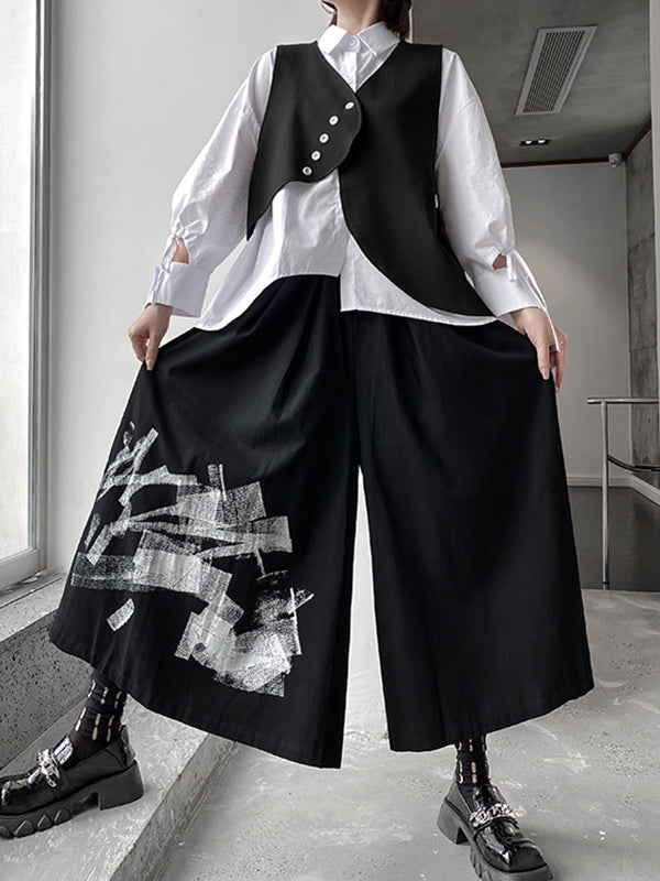 Original Loose Lace-Up Hollow Sleeve Blouse+Black Vest+Wide Leg Pants Culotte Three Pieces Set